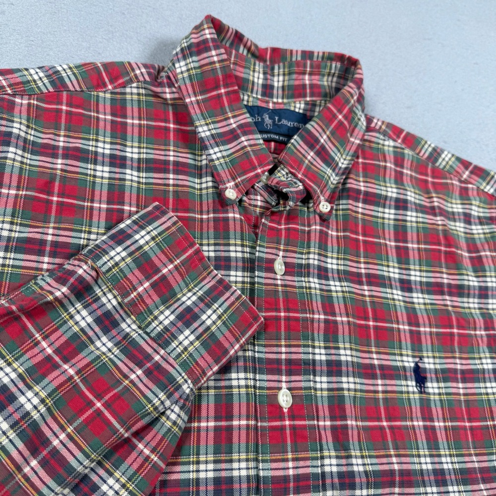 Ralph Lauren Mens Custom Fit Plaid Button Down Shirt Red Green Tartan Cotton M